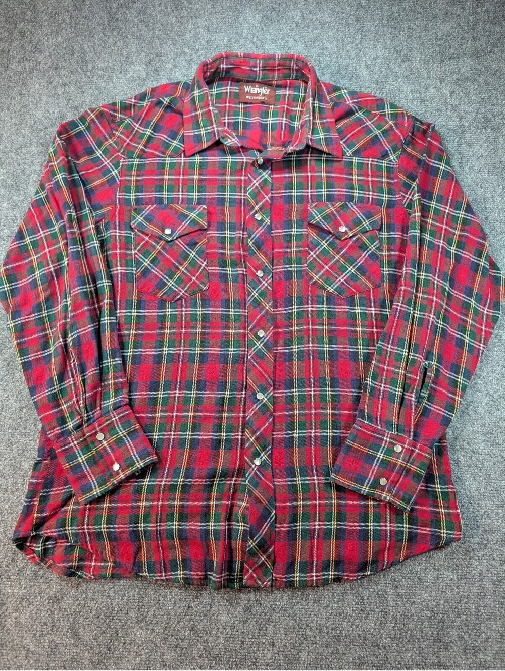 Vintage 80s Wrangler Western Shirt XL Plaid Flannel Pearl Snap Red Green Tartan